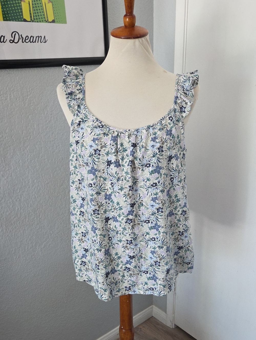 Market & Spruce Floral Ruffle-Strap Camisole - Blue, Green Large
